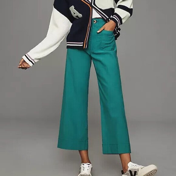 Anthropologie Maeve 24P The Colette Cropped Wide-Leg Pants 24 P Emerald Green